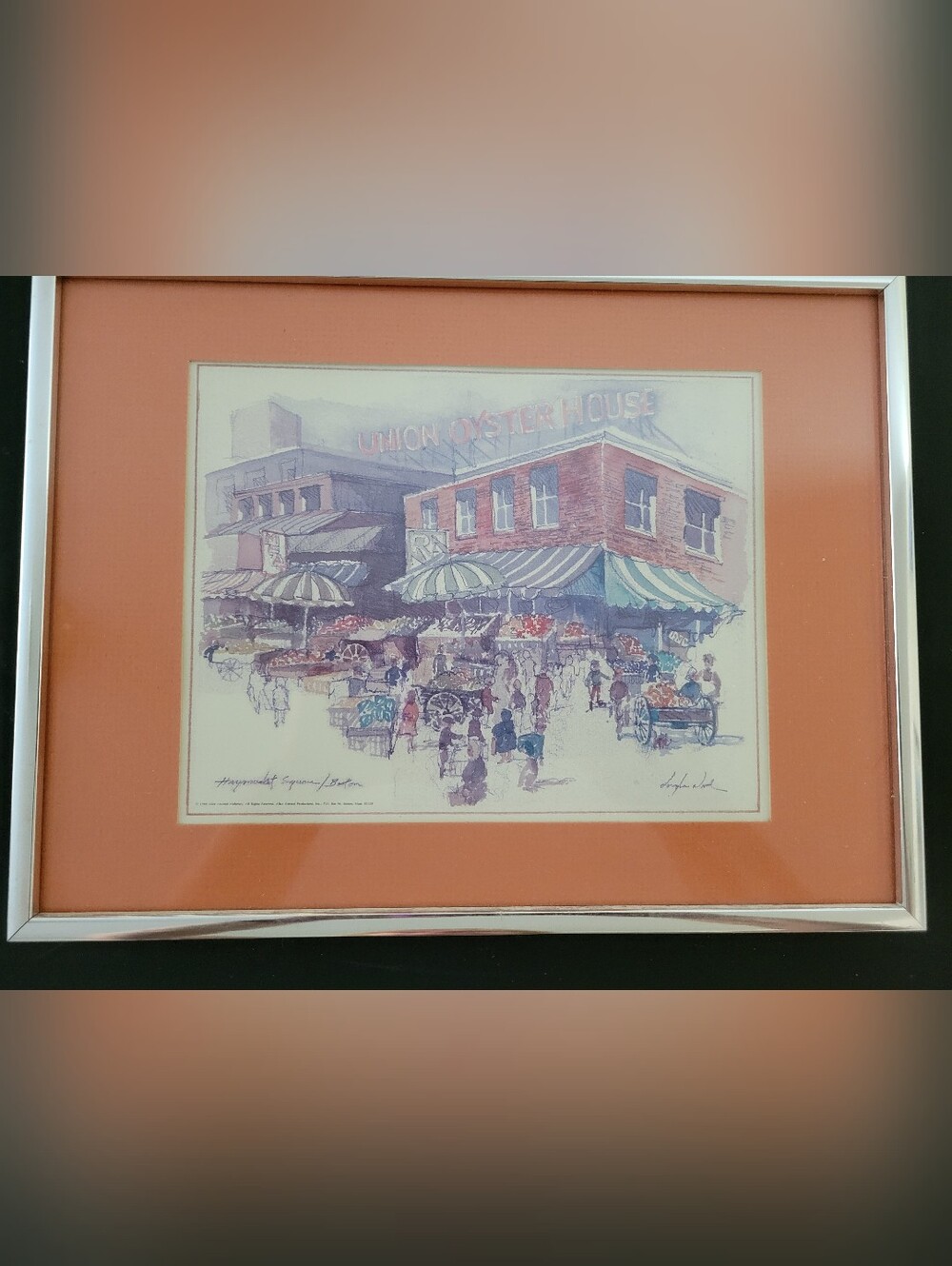 Vintage framed "Angela Alvord" Boston Market Scene Art Print with Orange Mat
